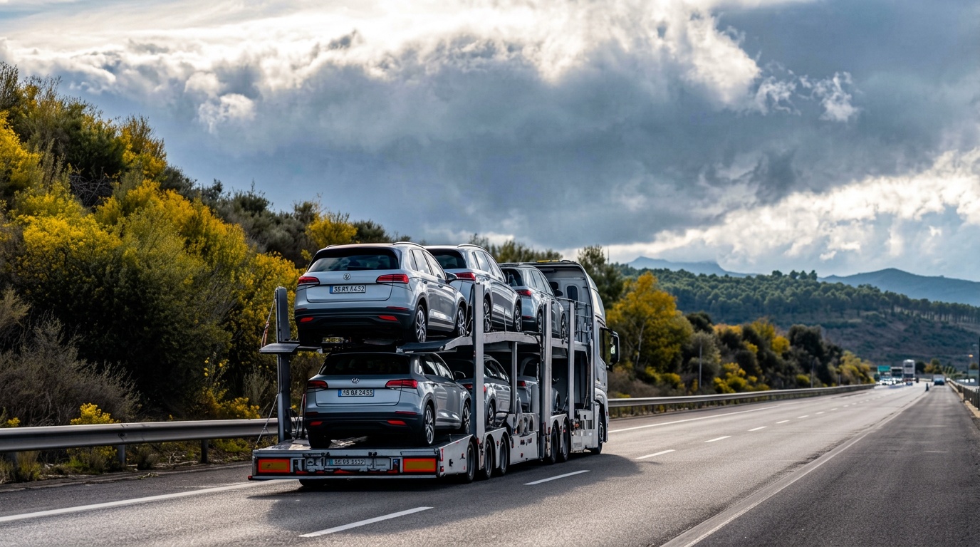 Biltransport med bilar på biltransporttrailer på motorväg
